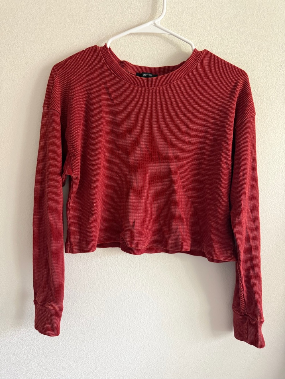 Forever 21 Red Cropped Waffle Knit Long-Sleeve Top